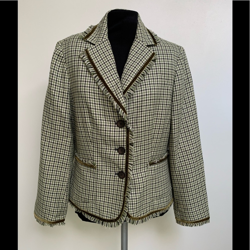 Norton McNaughton Green Ivory Plaid Jacket Blazer-Velvet Trim-Fringe-Lined-10P